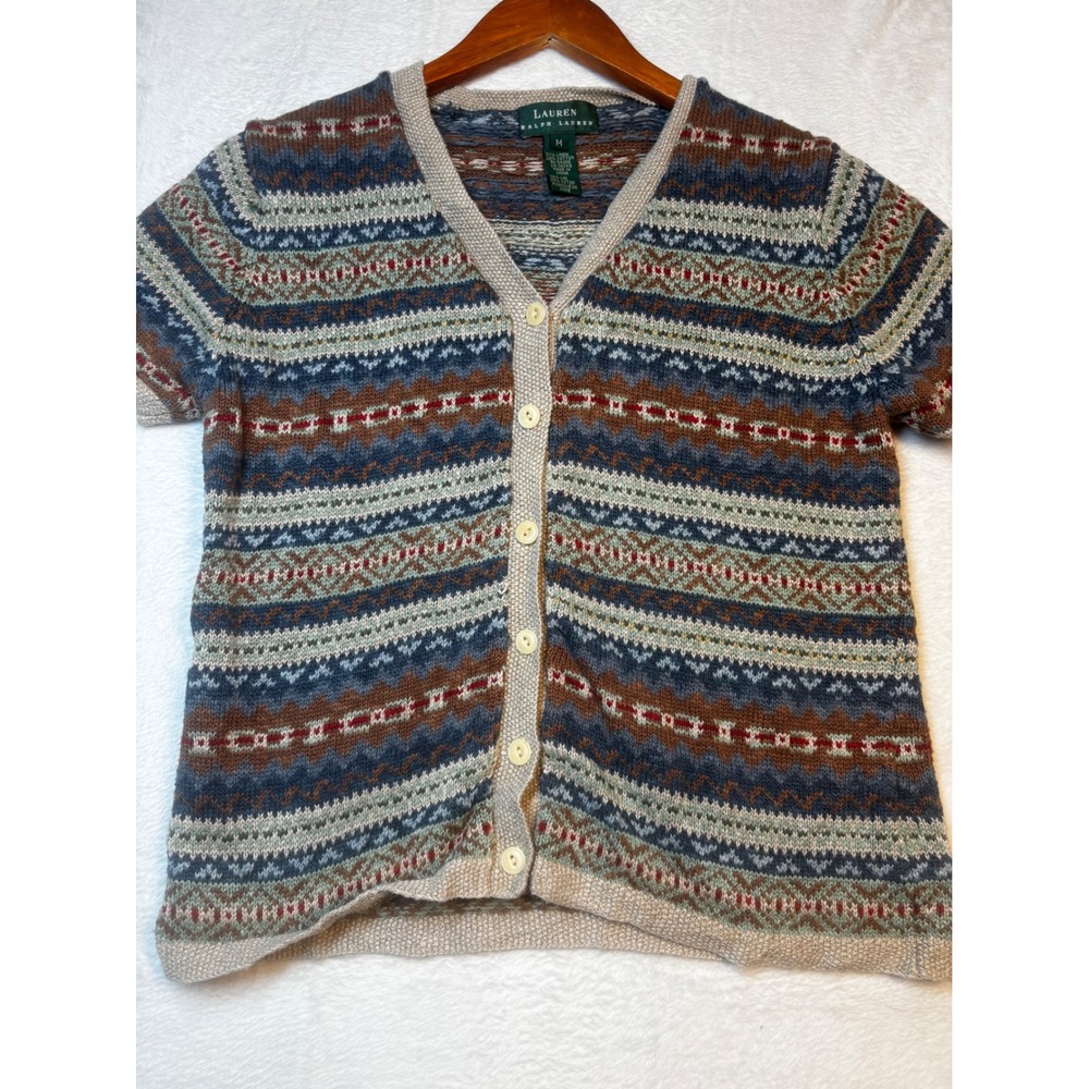 Vintage Lauren Ralph Lauren Women's‎ Striped Linen Blend Cardigan Sweater M